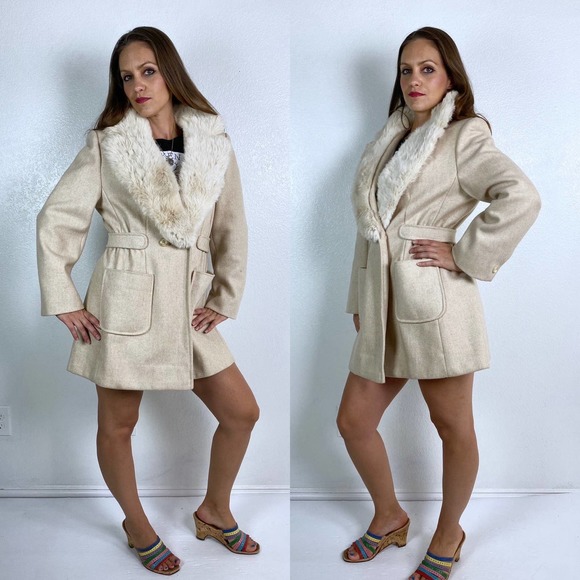 vintage 70s Beige RABBIT FUR Collar COAT Large wool winter coat real rabbit fur - Picture 3 of 10